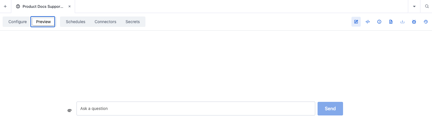Saved agent Preview tab with the Ask a question input and Send button.