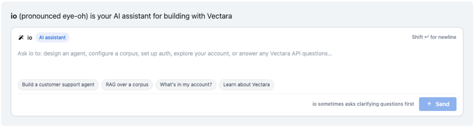 Vectara Console showing the io assistant panel and starting options.
